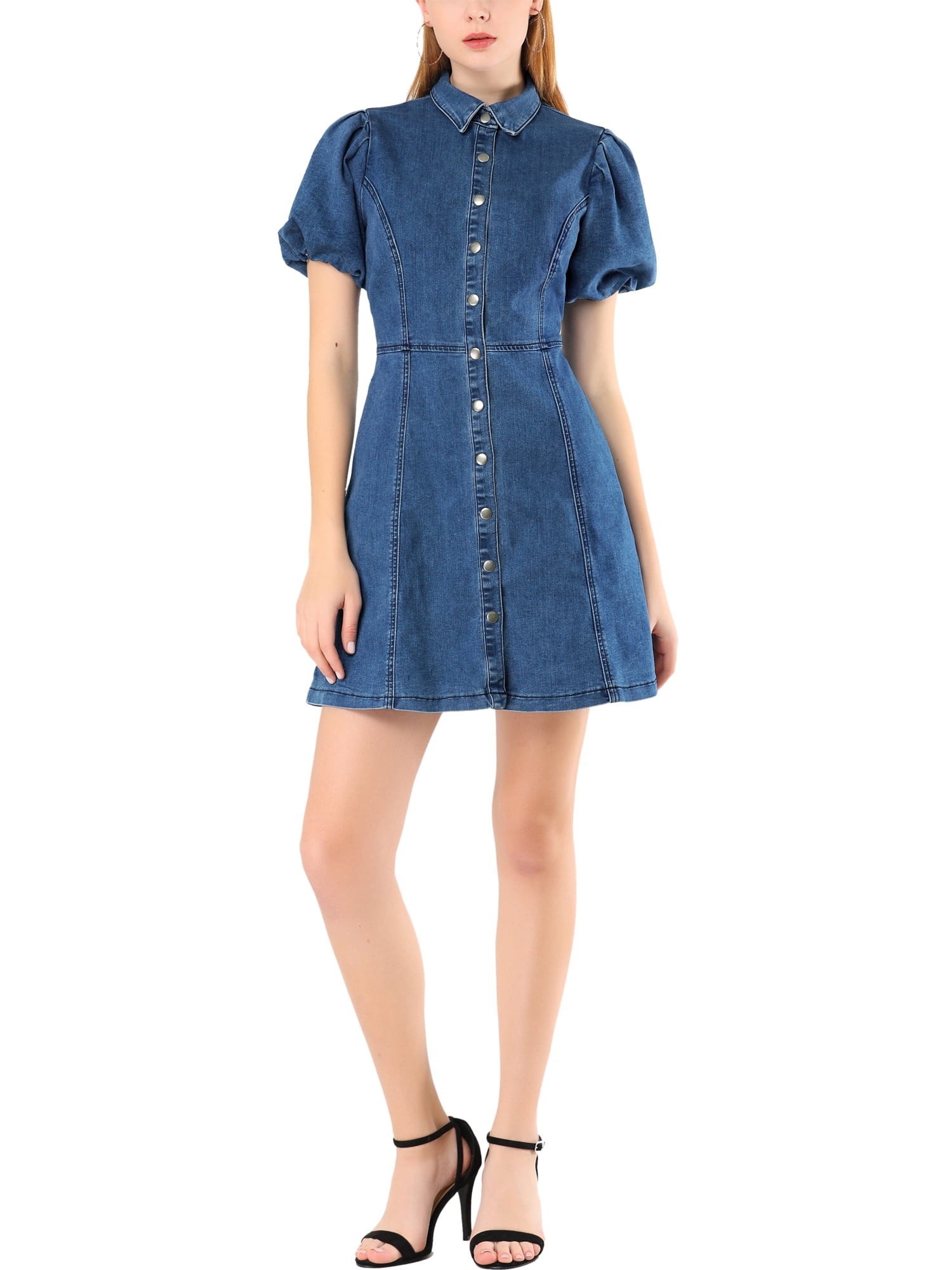 INSPIRE CHIC Robe en Denim pour Femme à Manches Courtes Bouffantes, Robe Chemise à Boutons