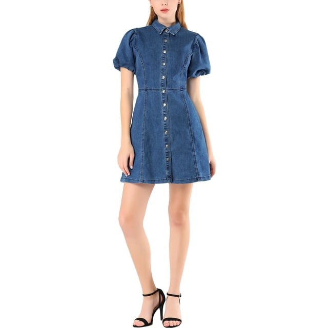INSPIRE CHIC Robe en Denim pour Femme à Manches Courtes Bouffantes, Robe Chemise à Boutons