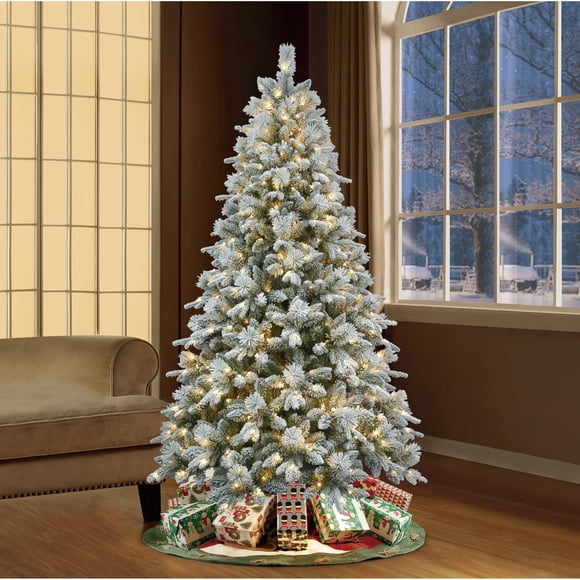 Refurbished Holiday Time 7.5FT Flocked Noble Fir LED Christmas Tree, 600 Warm White Lights, 1639 Branch Tips, Green