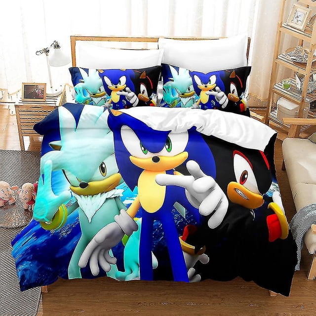 Housse de Couette Textile pour la Maison Cartoon Sonic Style 28 Z avec Impression Numérique Vibrante de Sonic et d'Autres Personnages sur Matériau en Fibres Chimiques. Cet Ensemble de Housse de Couette Comprend une Housse de Courtepointe et une Housse d'Oreiller, Offert en Plusieurs Tailles, Idéal pour une Literie à Thème Cartoon de Style Américain.