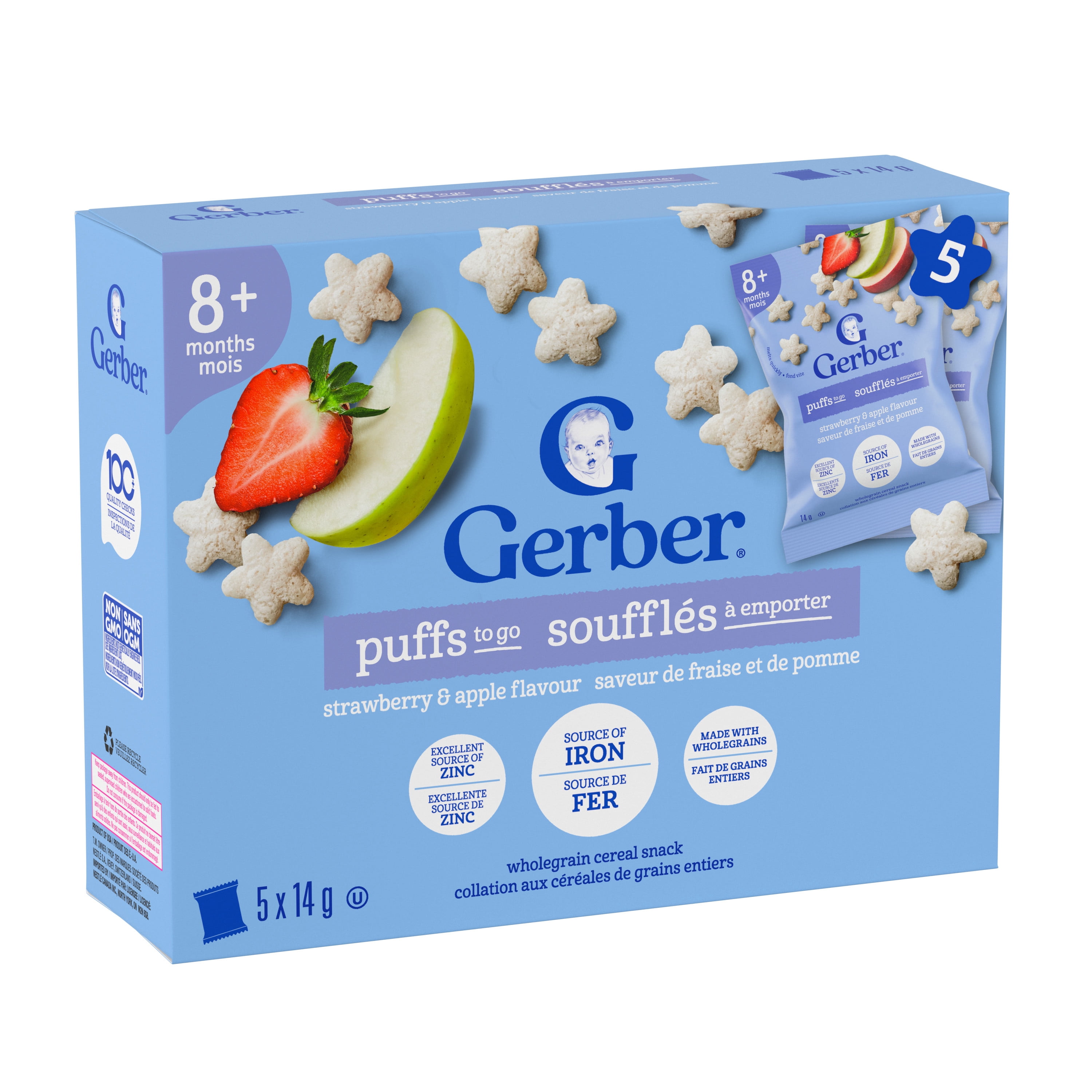 GERBER Soufflés fraise et pomme, dès 8 mois, sans OGM, grains entiers