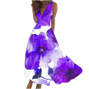 RKSTN Robes d'Invitée de Mariage pour Femmes Mode Décontractée Amples Grande Taille Évasées Robes d'Été Décontractées Bohèmes à Imprimé Floral Sans Manches à Col en V Poitrine Enveloppée Robes de Cocktail