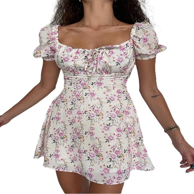 Women Floral Puff Sleeve Mini Dress Drawstring Ruched Square Neck A Line Summer Short Dress