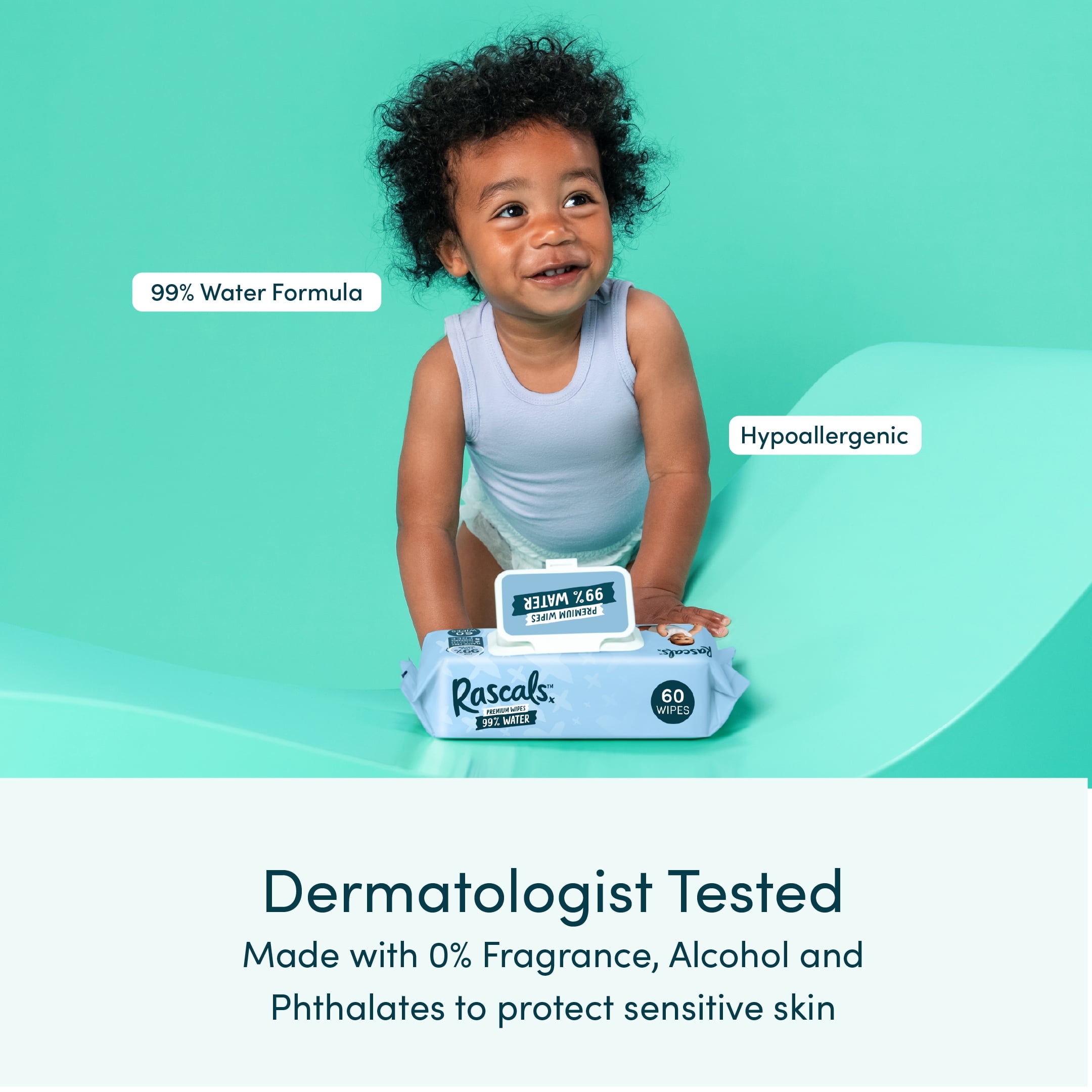Lingettes pour bébé Rascals 99 % eau, 180 unités