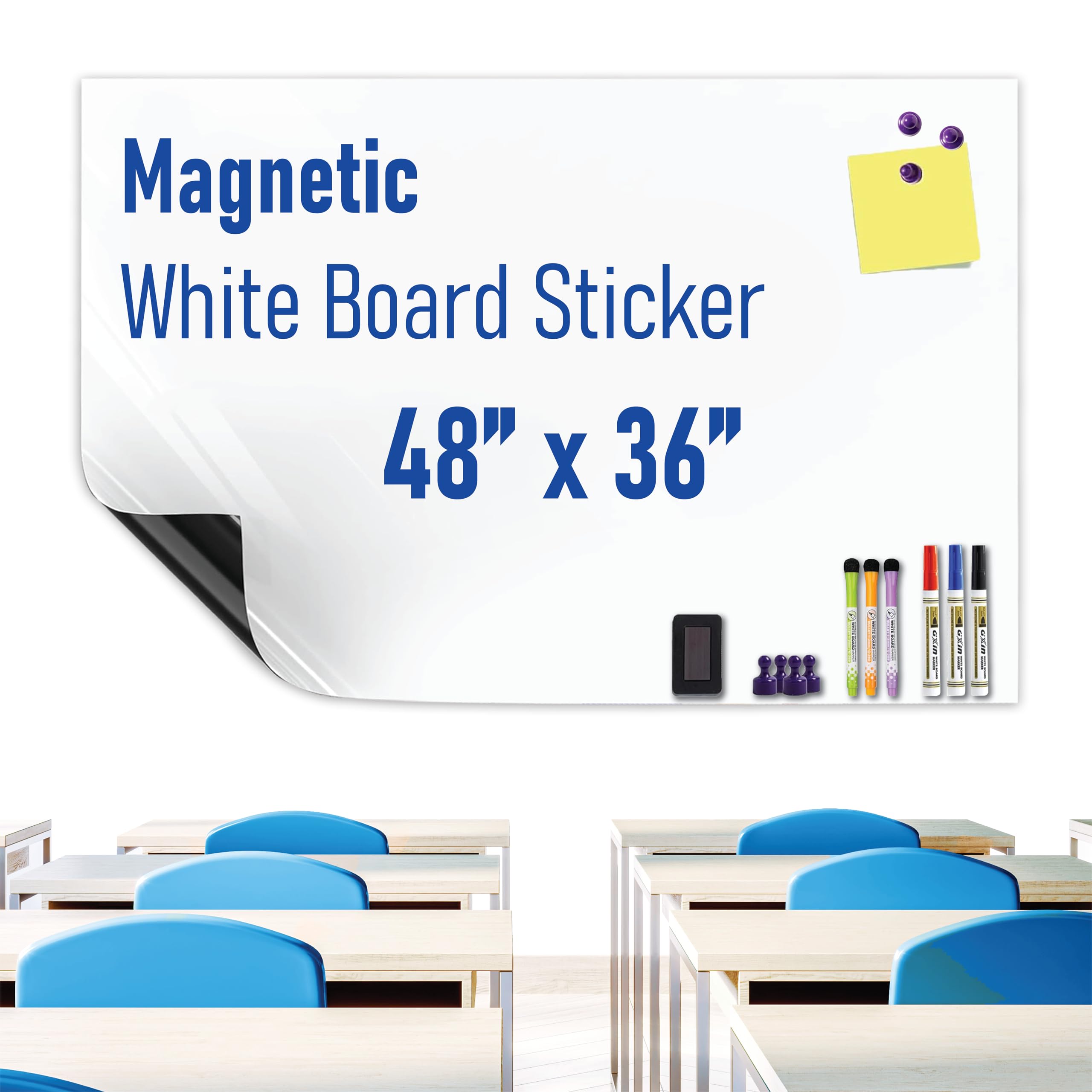 HeatPomelo Magnetic Whiteboard Sticker Dry Erase Board for Wall - Adhesive Backing 48" x 36" Whiteboard for Classroom Office Home