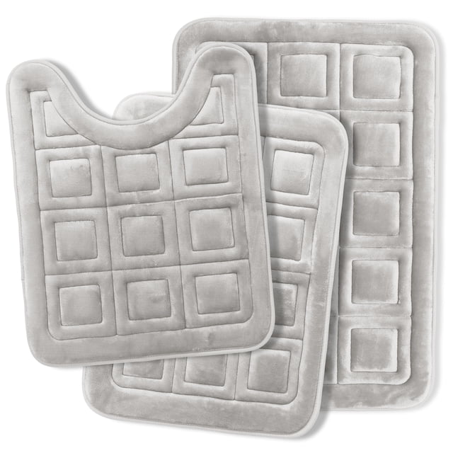 Clara Clark Bathroom Rugs, Velvet Memory Foam Bath Mat, Ultra Soft Non Slip and Absorbent - Waffled - Set Small, Large & Contour - Silver