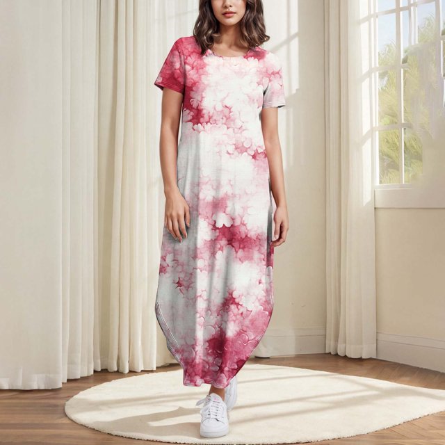 Ovzne Robes d'Été pour Femmes Robe d'Été pour Femmes Robes d'Été Décontractées à Imprimé Floral Col Rond Manches Courtes Poches Robe Longue Imprimée Robe pour Femmes à Manches Courtes Robes Longues Imprimées Cl