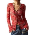 thumbnail image 3 of Women'S Long Sleeve Shirts Boho Floral Print Blouses Button Down V Neck Fitted Tops Red XXL, 3 of 8