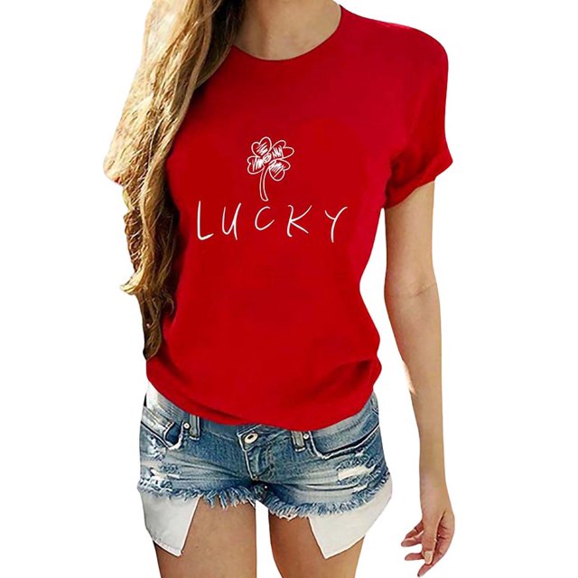 Innerwin Tee Manches Courtes Femmes Tops d'Été Travail Lettre de Chance Confortable T-Shirt Rouge XL
