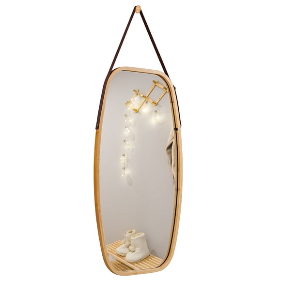 Costway 30'' Modern Rectangle Wall Hanging Framed Mirror w/ Faux Leather Strap Bathroom