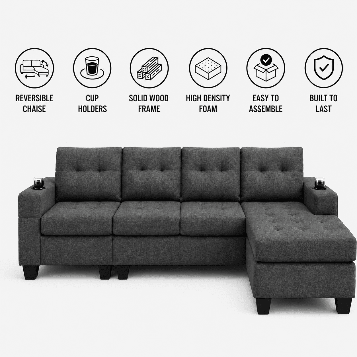 Cosmic Homes Bexen Fabric Upholstered Sectional Sofa With Reversible Chaise – Black L-Shaped Couch with Cup Holders for Living Room