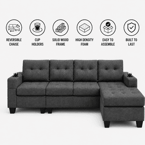 Cosmic Homes Bexen Sofa sectionnel rembourré de tissu avec une chaise réversible – Canapé noir en L avec supports de coupe pour salon