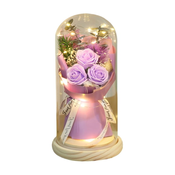 Purple Preserved Flowers LED Glowing Ornament Eternal Roses Valentine's Day Gift Home Decor Ambient Light Night Lamp for Desktop Romantic Decoration