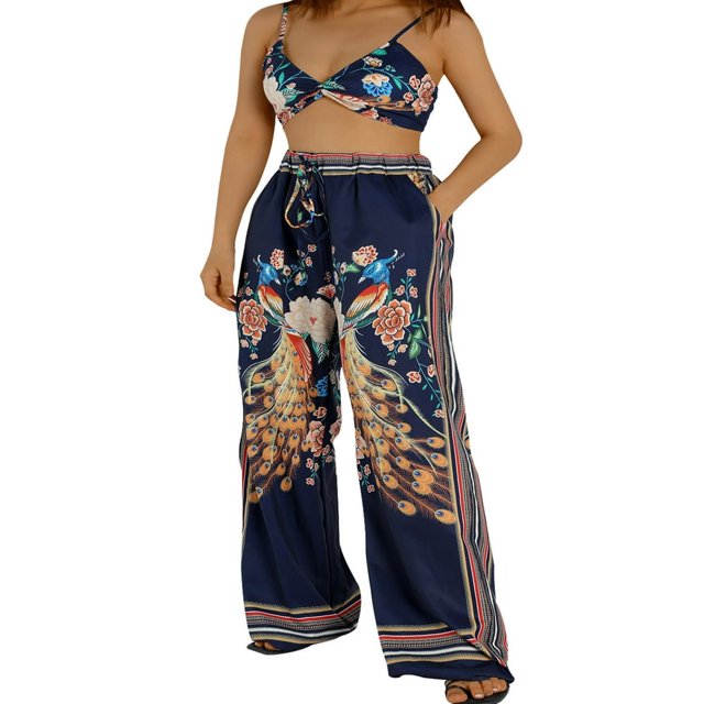 Female Peacock Print V-Neck Sleeveless Crop Tops+ Long Loose Pants