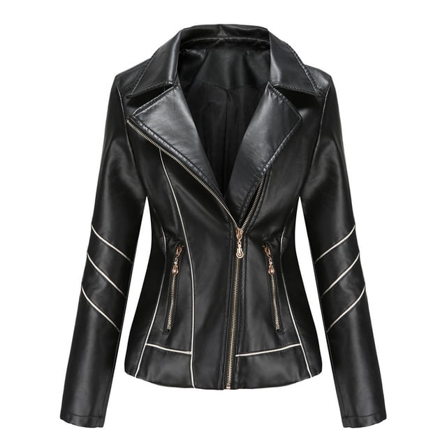 Qertyioot Womens Leather Jacket New Slim Stand-Up Collar Zipper Stitching Solid Color