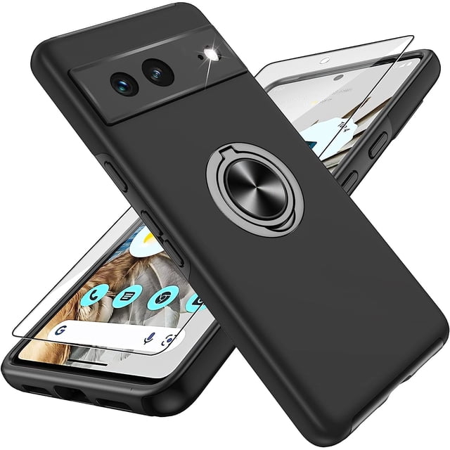 KOMI Pixel 7 Case, Google Pixel 7 Case with HD Screen Protector, Shockproof Google Pixel 7 Phone Case with 360° Magnetic Ring Holder Kickstand Phone Case for Google Pixel 7 Black