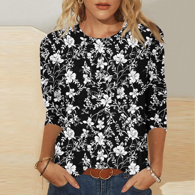 UPPADA Blouses pour Femmes Grande Taille à Manches 3/4, T-Shirts à Imprimé Floral Teintable, Chemises Décontractées Tendance à Col Rond, Chandails Confortables à Enfiler, Hauts Blouses Mignons d'Été, Hauts pour Femmes à Manches 3/4, Économie