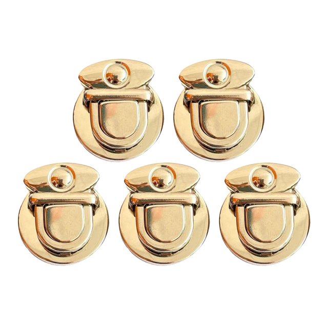 5 Pcs Fermoirs à Rentrer pour Sacs à Main, Serrures de Sac, Accessoires Robustes A. l'Image Montre Cinq Fermoirs à Rentrer Ronds en Métal Ton Or avec une Finition Lisse et Polie. Chaque Fermoir Mesure 3 cm x 3,3 cm (1,18 Po x 1,30 Po) et Est Conçu pour Être Utilisé dans les Sacs à Main, Malles, Sacs de Voyage et Autres Bagages. Ces Fermoirs en Fer Durables Sont Électroplaqués pour une Résistance à l'Usure et une installation Facile, Convenant aux Projets d'Artisanat et de Réparation