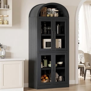 72" Cabinet de bibliothèque en bois de ferme moderne avec grand arc 4 Portes en verre & Étagère ouverte, organisateur de rangement autonome pour salon ou chambre à coucher, noir