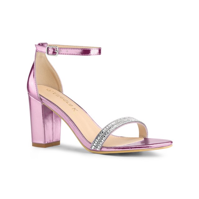 BLISSFUL STEP Women's Sandals Rhinestone Chunky Heel Ankle Strap Open Toe Party Shoes Pink 5.5