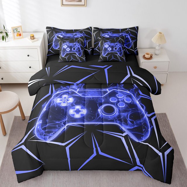 Erosebridal Teens Gaming Bedding Sets King Size, Blue Gamepad Comforter Sets with Sheets, Abstract Geometry Decor, Reversible 7pcs