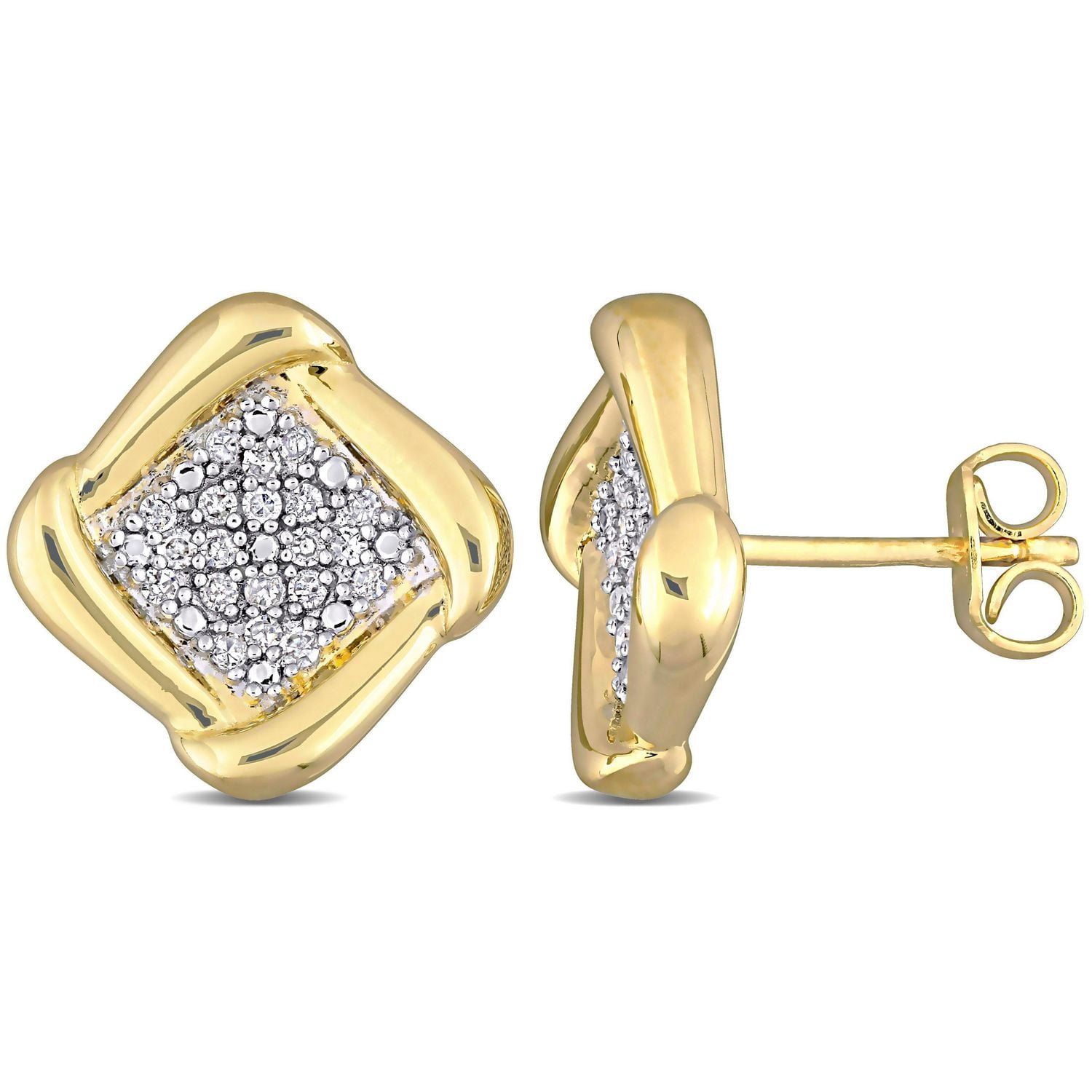 Clous d’oreilles carrés Miabella avec 1/5 ct poids total de diamants en argent sterling plaqué jaune