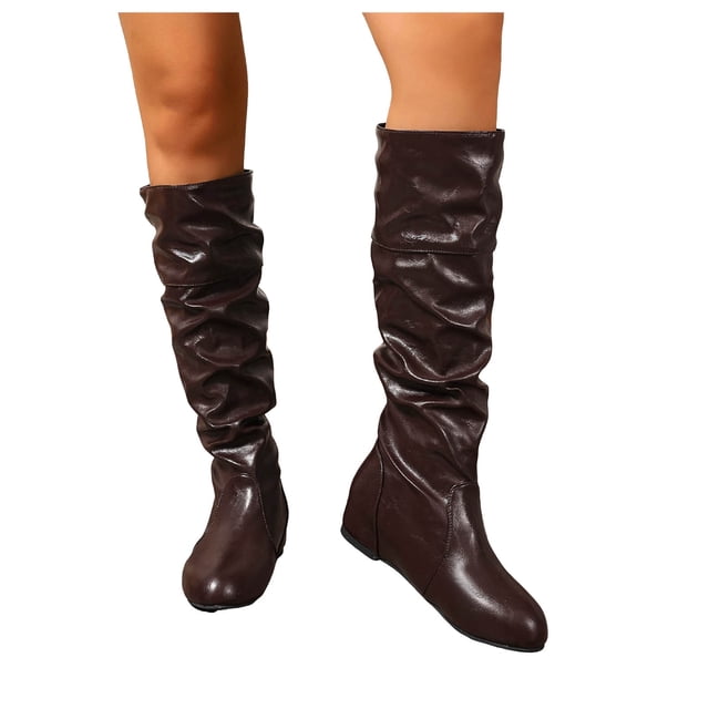 Bottes Hautes Plissées pour Femmes en Cuir Décontractées Hiver Automne Sans Talon au-Dessus du Genou Bottes Habillées Hautes pour Dames
