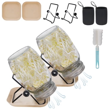 Hiziwimi Kit de Germination 2 Pcs, Pots quart à Grand Ouverture 1000ml avec Couvercles de Germination Tamisés, Support et Brosse de Mise en Conserve pour Cultiver Brocoli, Luzerne, Haricots Mungo