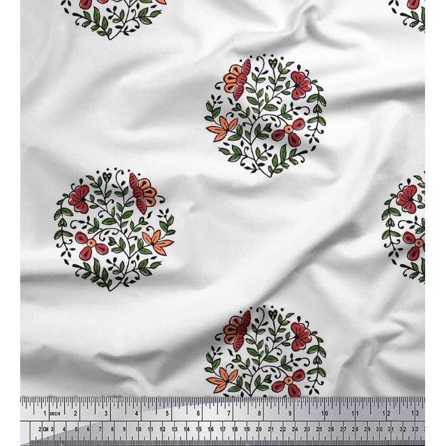 Soimoi Silk Fabric Leaves & Floral Block Decor Fabric Printed Yard 42 Inch Wide
