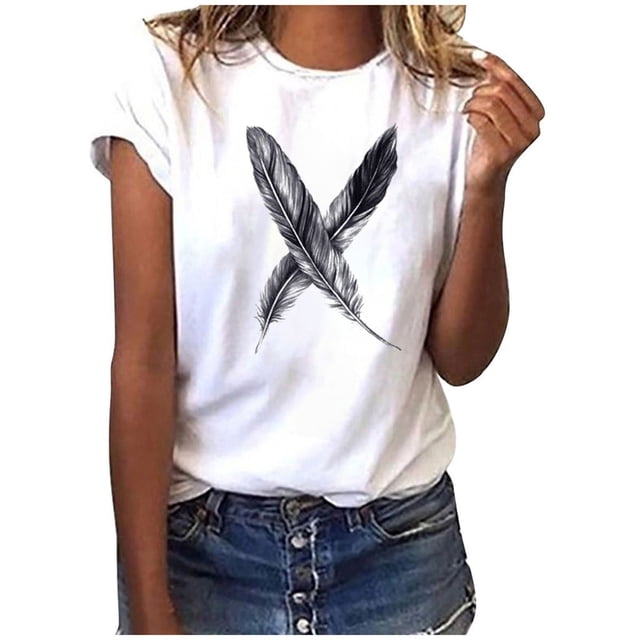 EGNMCR T-Shirts pour Femmes Mode Femmes T-Shirt à Manches Courtes Imprimé Plume Haut Décontracté Tee Blouse
