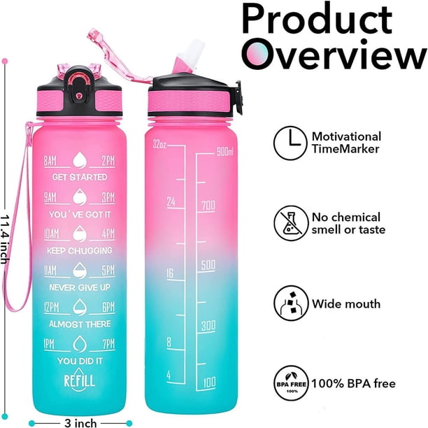 PENGXIANG 32 oz Water Bottles with Times to Drink and Straw