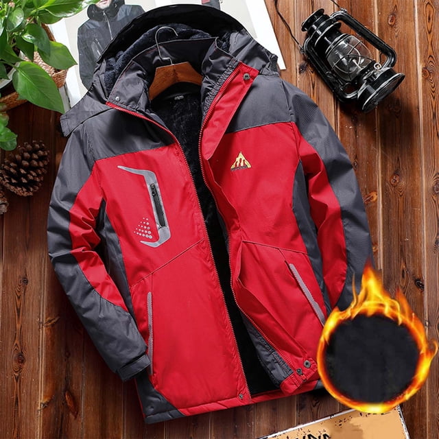 YOIAVAIOY Men's Hooded Rain Jackets Fleece Lined Cargo Jacket Winter Warm Tactical Shell Coats with Multi Pockets Red L