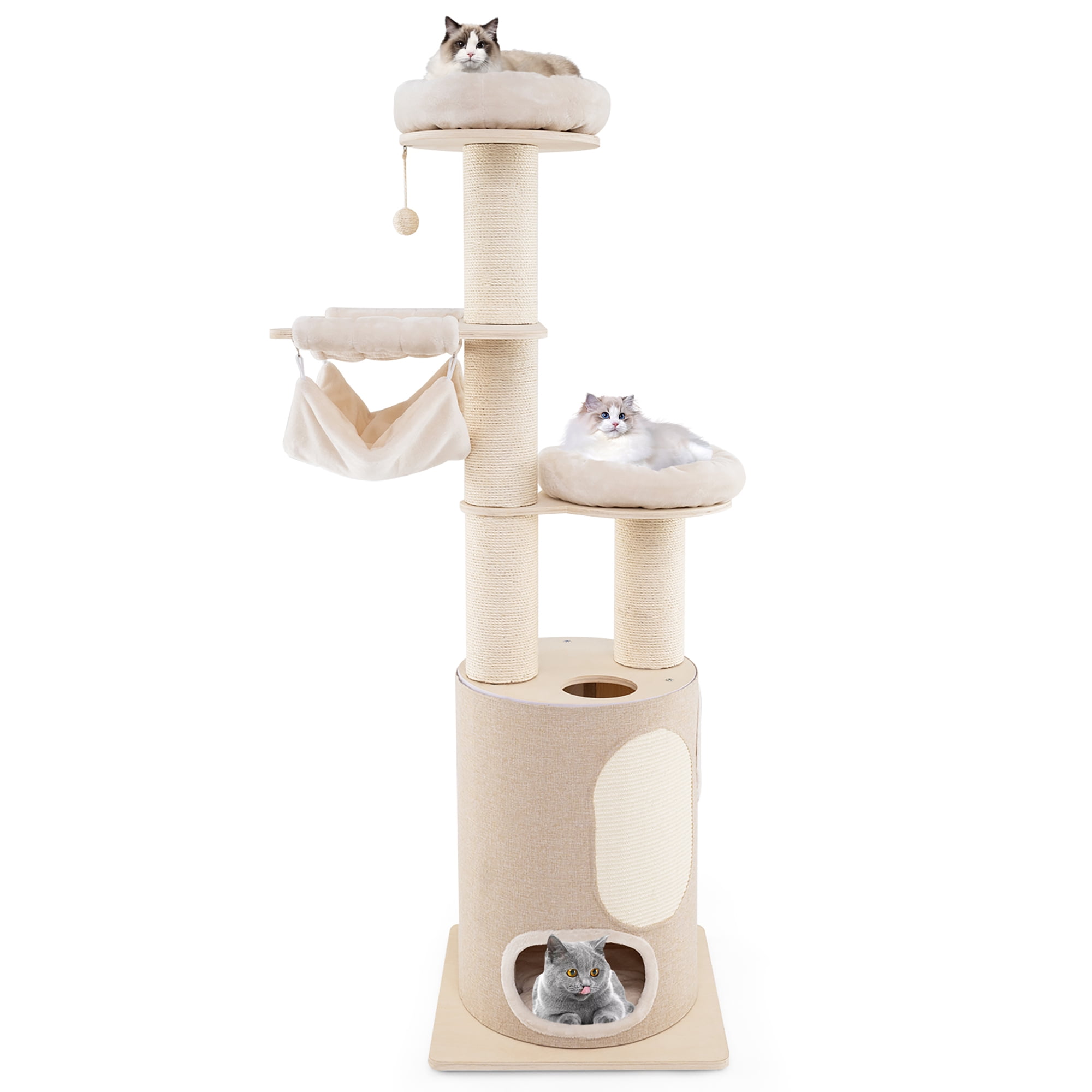 Gymax PETSJOY 74'' Tall Wooden Cat Tower Tree w/ 2-Story Cat Condo 2-Style Hammocks