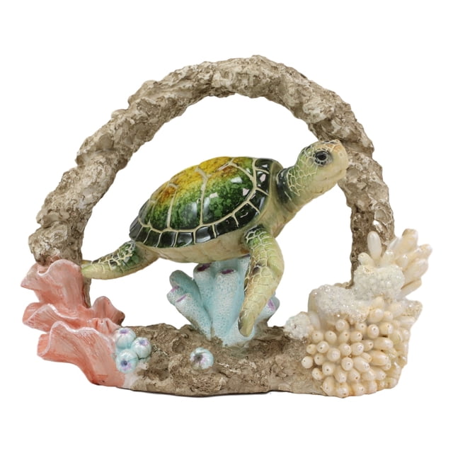 Larger Nautical Marine Green Sea Turtle Swimming By Coral Reef Decor Statue