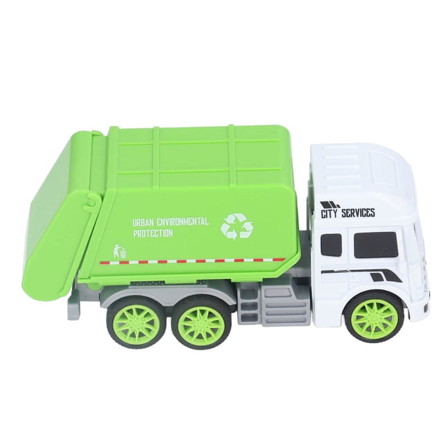 Garbage Truck Toys Garbage Truck Model made of durable plastic, featuring a green and white design with 'Urban Environmental Protection' and recycling symbols on the side. This toy is designed to cultivate environmental awareness in children by simulating real-life garbage truck operations. Suitable for kids and ideal for teaching about waste sorting and environmental care.
