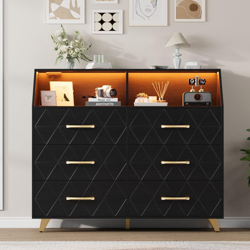 Black Dresser with 6 Large Storage Drawers, TV Stand Dresser with LED Lights & Charging Station, Wood Dressers & Chests of Drawers for Closet, Bedroom, Living Room, Hallway, Entryway