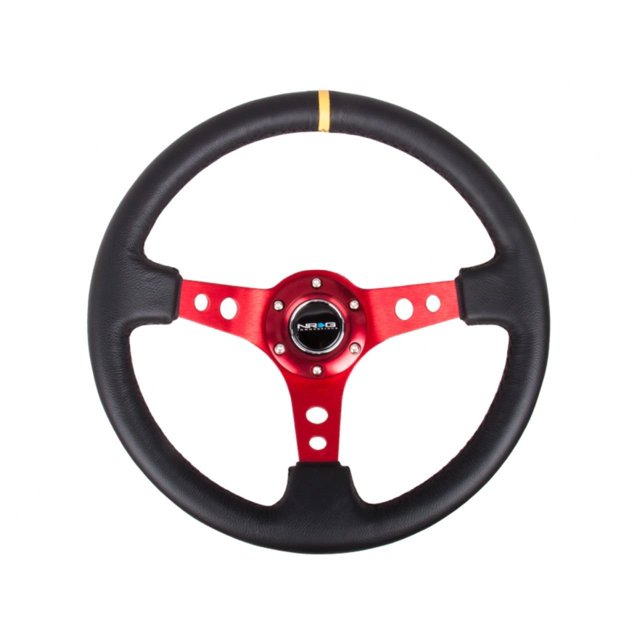 NRG Innovations NRG-RST-006RD-Y Volant Renforcé - Volant de Sport 350mm (3 Pouces de Profondeur) - Rayon Rouge avec Trous Ronds, Cuir Noir, Marque Centrale Jaune