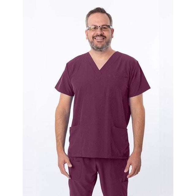 Greentown Canada Scrubs 4Flex 1202 Unisex Scrub Top in burgundy with V-neck and athletic fit, featuring moisture-wicking fabric and three front pockets, worn with matching scrub pants.