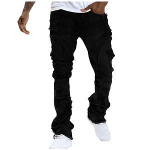 Fengqque Men's Ripped Distressed Destroyed Slim Fit Straight Leg Denim Jeans Black M(M)