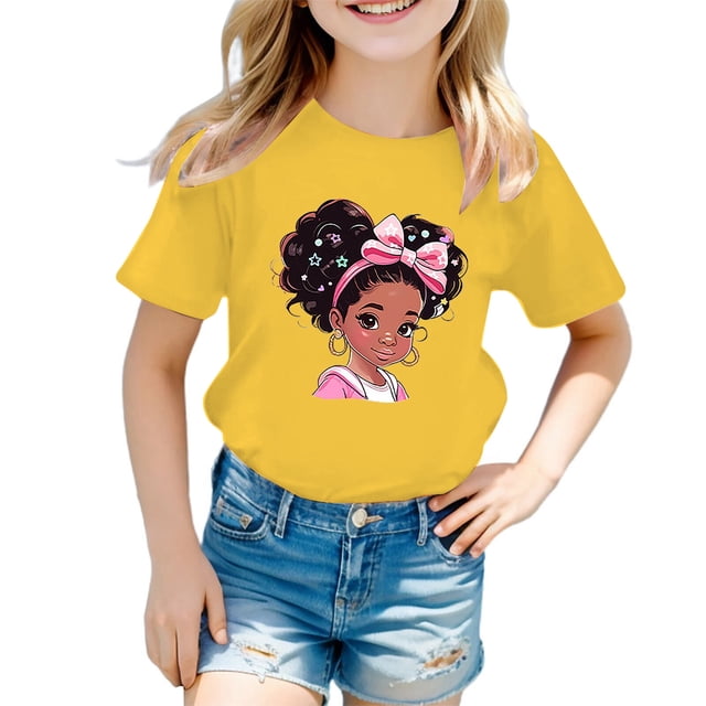 PMVFHDE Hauts pour Filles Hauts pour Fille Hauts pour Fille T-Shirts Tendance pour Fille T-Shirts Graphiques pour Filles T-Shirts Graphiques pour Enfant T-Shirt Graphique pour Filles Col Rond Manches Courtes T-Shirt Jaune, 11-12 Ans