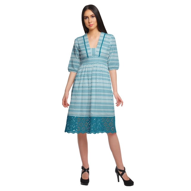 Moomaya Robe en Coton Imprimée pour Femme Longueur Midi Manches Courtes Tenue d'Été Vêtements