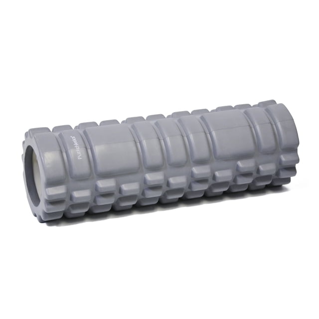 Travel Textured Foam Roller in grey with hollow core and textured ridges for targeted muscle massage and soft tissue stretching, compact 3.75 in. by 12 in. size, lightweight and portable for fitness recovery and rehabilitation.