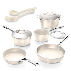 Gotham Steel Hammered Crème 10 Pièces en céramique antiadhésive Ensemble de produits de cuisine avec lids et ustensiles – Four & Induction sans danger