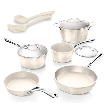 Gotham Steel Hammered Cream 10 Piece Ceramic Nonstick Cookware Set with Lids and Utensils – Oven & Induction Safe