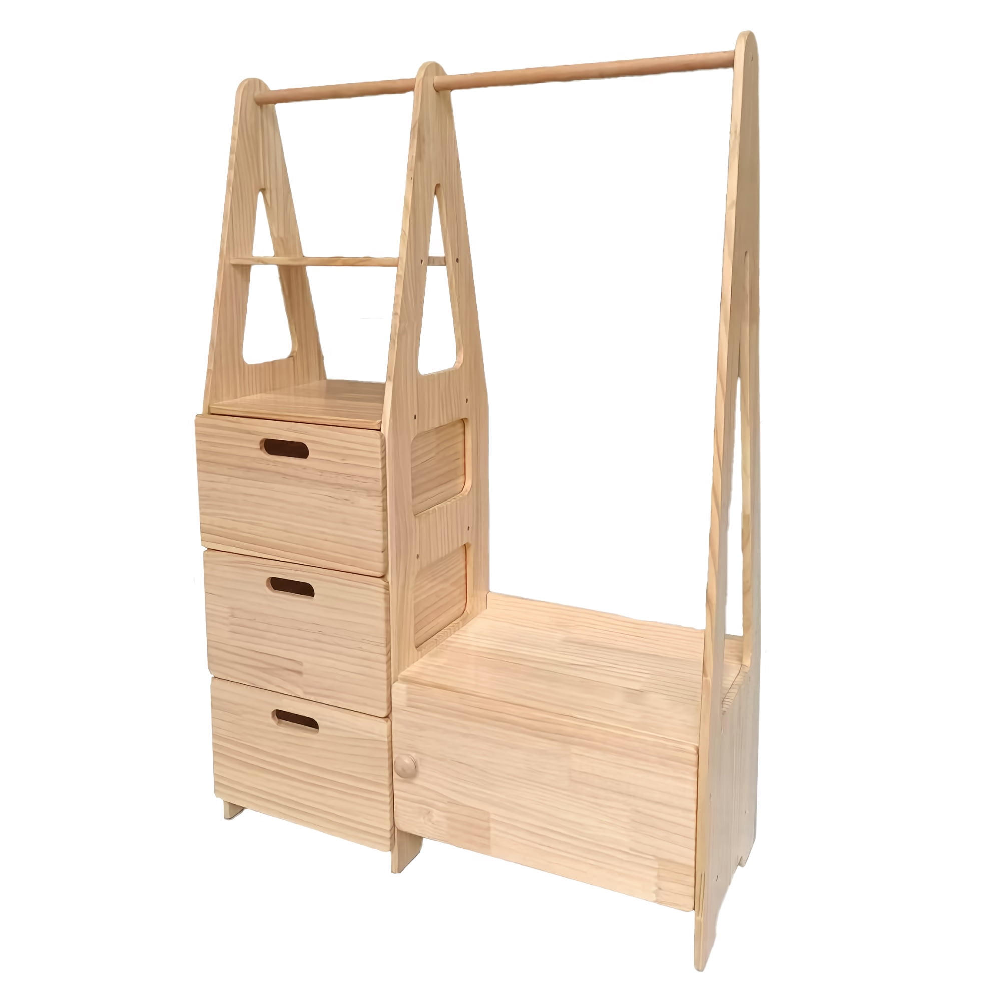 Toytexx Wooden Montessori Kids Wardrobe with Clothing Rack, 3 Drawers, Storage Bench & Shelf, Solid Pine Wood Organizer, Brown