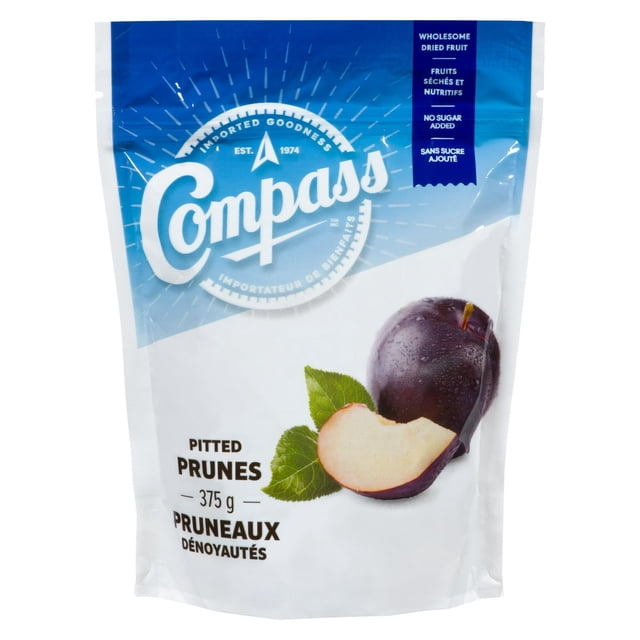 Compass Pruneaux Dénoyautés 375 g Sac Refermable avec Emballage Bleu et Blanc, Montrant un Pruneau Entier Violet Foncé et un Pruneau Tranché avec des Feuilles Vertes, Étiqueté comme fruit Séché Sain Sans Sucre Ajouté, Idéal pour Céréales, Salades, Yogourt Ou Mélanges Montagnards.