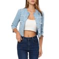 thumbnail image 1 of INSPIRE CHIC Veste Courte en Denim pour Femme à Col Rond Manches 3/4 Veste en Jean Décontractée Effilochée Bleu Pâle m, 1 of 5