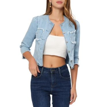 INSPIRE CHIC Denim Crop Jacket for Women's Round Neck 3/4 Sleeves Frayed Casual Jean Jacket Light Blue S