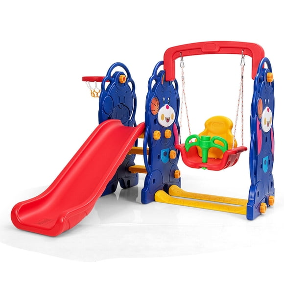 Gymax 3 in 1 Toddler Climber and Swing Set Kid Climber Slide Playset w/Basketball Hoop