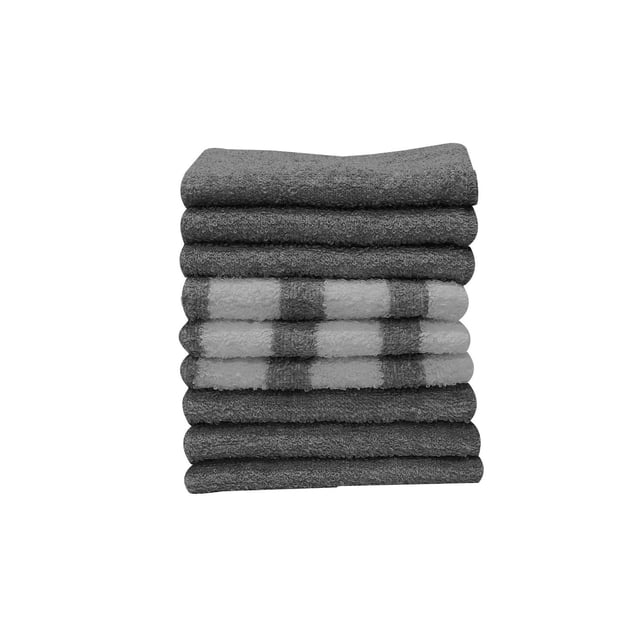 Mainstays 9 Pack Utility Kitchen Towel Topaz stacked neatly, featuring mostly solid grey towels with three towels in the middle showing a grey and white checkered pattern, made from soft, absorbent terry cloth ideal for kitchen cleaning and drying tasks, also suitable for general household use.